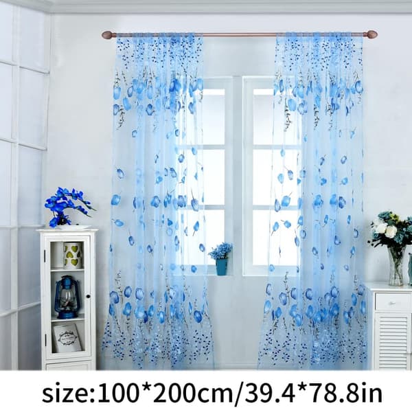 Sheer Curtains with Tulip Pattern, Printed Curtains for Living Room, Bedroom, Home Decor, Blue 100 * 200 cm-FY-