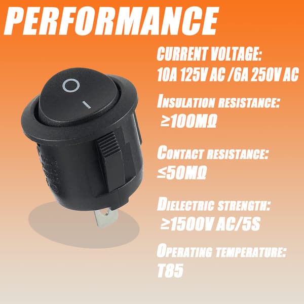 Round Rocker Switch, AC 6A/250V, 10A/125V, SPST, 2-Pin Rocker Switch, Latching Push Button Switch, for A