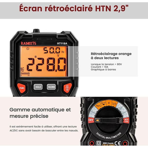 TRMS 6000 Punkters Automatisk Digital Multimeter (LED-terminalguide), Professionel Elektrisk Tester, Temperaturkapacitansmåler Spænding/Strøm AC