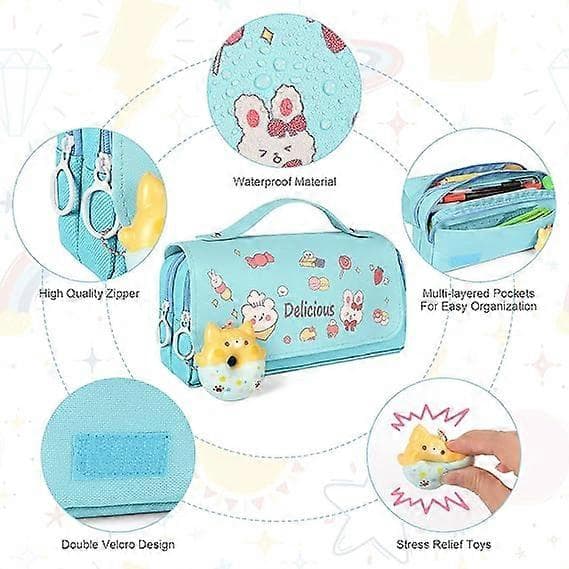 Large Pencil Case with Multiple Compartments Office Supplies Cosmetic Bag Blue Donut