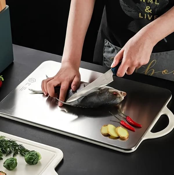Stainless Steel Cutting Board Extra Thick 1.2cm Double-Sided Scratch-Resistant Non-Slip Edge Dishwasher Safe For Home and Professional Kitchen Silver Beige