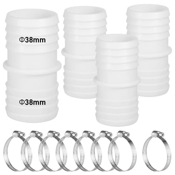 Poolslangekoblinger - 4 dele, 38 mm + 8 rustfri stålslangeklemmer - Velegnet til swimmingpools