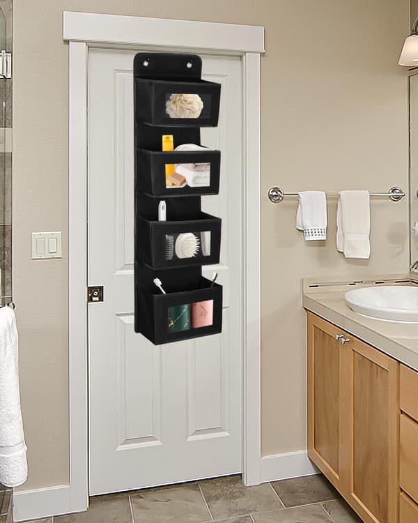 Hanging Shelf, Door Hanger with 4 Compartments, Hanging Storage, Organizer, Hangs on Door or Wall, Black
