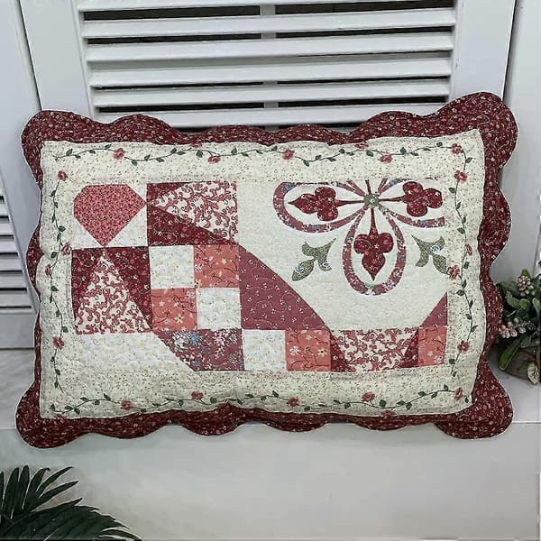 2-delt Boho Bomulds Quiltet Pudebetræk Blomsterprintet Patchwork Pudebetræk Sæt, Standardstørrelse (606 Rød, 50x70 cm)