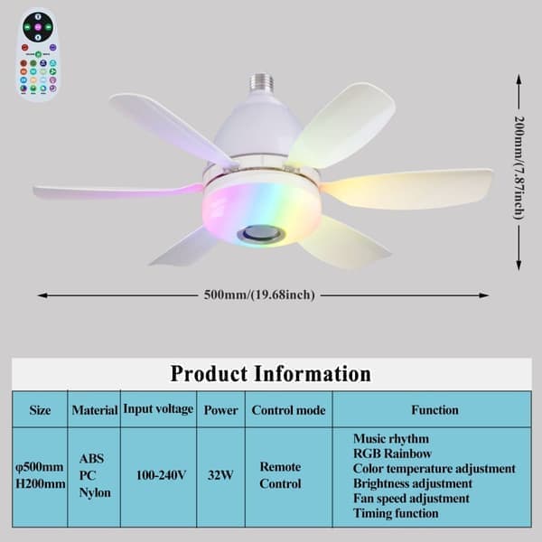 Ceiling fan with light and speaker, silent ceiling fan with RGB, remote control, 3 speeds