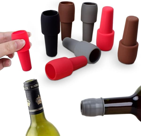 Vinpropper, 4 dele, silikone, rød, sort, grå og brun, genanvendelige (4 artikler)