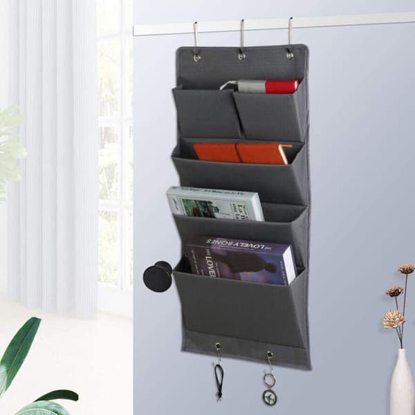 Hanging Organizer Oxford Fabric Door Wardrobe Organizer Foldable Hanging Shelf with 5 Towel Hooks Hanging Storage with 4 Large Compartments, Grey