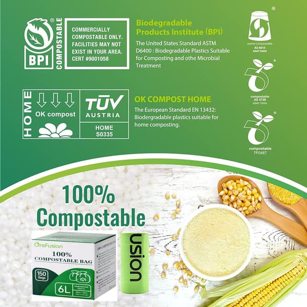 Compostable Caddy Bags 6 Litre x 150 Bags, Biodegradable Waste Bags 6L/10L/30L for Kitchen Compost Bins