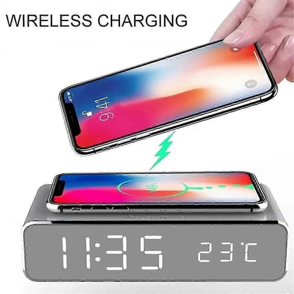 [PLEE] Trådløs oplader vækkeur LED digitalt termometer hovedtelefon telefonoplader hurtigopladningsdock - FFY