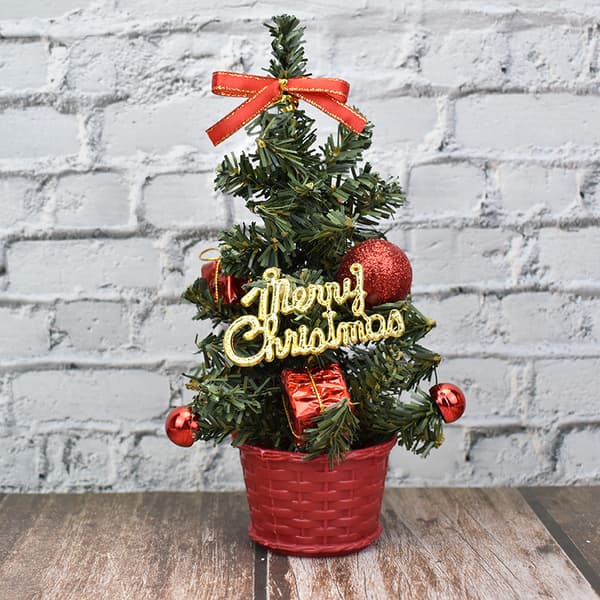 Mini Kunstig Juletræ - Rød (med Pynt), 20cm Skrivebords