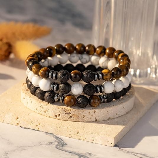 Perlearmbånd for menn, Tigerøye, 8 mm, naturlige steinperler, justerbart og elastisk armbåndsett