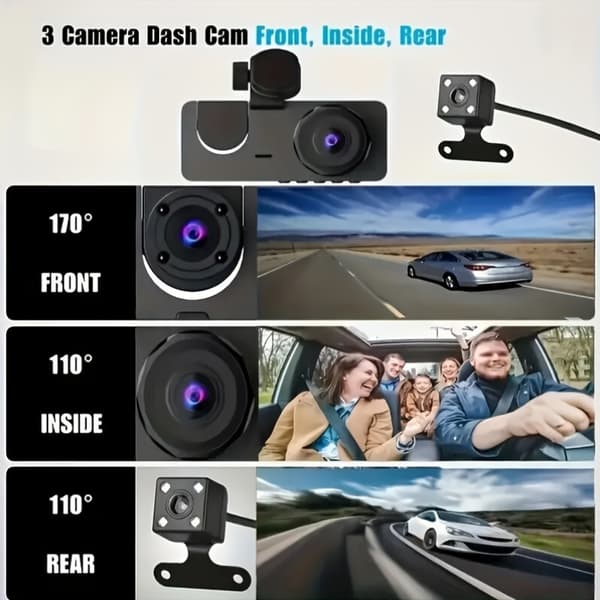 Triple Lens Car DVR HD Dash Cam Front Inside Rear Wide Angle Night Vision
