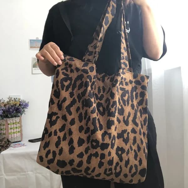Brun og sort leopardmønstret mulepose, rummelig, holdbar, genanvendelig skuldertaske til daglig pendling, indkøb og ærinder