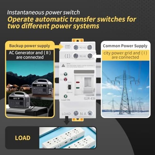 Automatic Dual Power Transfer Switch 2P 63A 220V ATS for Home and Industrial Systems, Compatible with Solar Backup Power