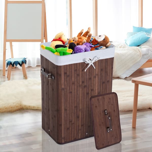 Laundry Basket With Lid 72L Foldable Washable Laundry Bag Bamboo With Handles Dark Brown 40X30X60Cm
