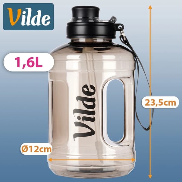 Musta vesipullo pillillä, 1,6 litran tilavuus