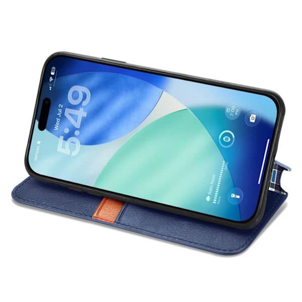 iPhone 17 Etui Læderetui med Kubisk Ternmønster og Magnetisk Lukning Blå Blå Blå