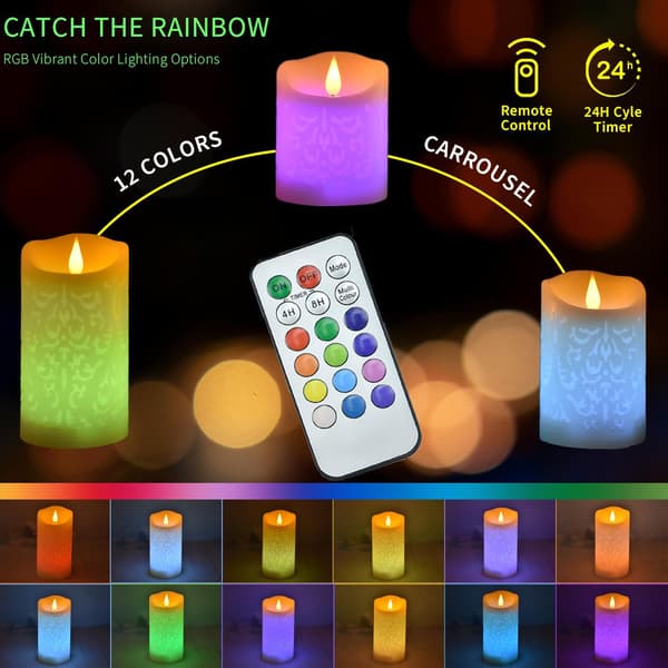 3-pack LED Flameless Candles, Color Changing Real Wax Candles with Remote Control, Timer & Flickering Flame
