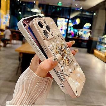Kompatibelt deksel til iPhone 16 Pro med stativ TPU+PC Rhinestones Dekor Telefondeksel (Hvit)