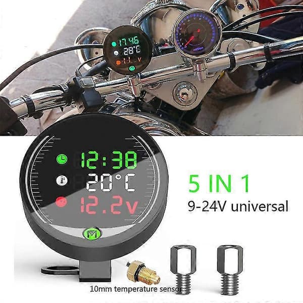 5 in 1 Motorcycle Water Temperature Gauge USB Rechargeable Time Voltmeter LED Night Vision Meter with