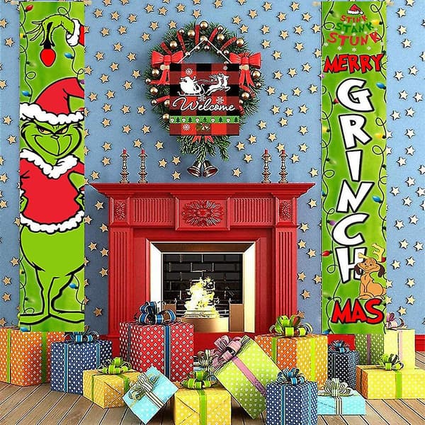 Julgrinch dörrbanderoll hängande vägg veranda skylt heminredning