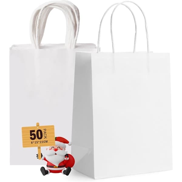 Små Presentpåsar med Handtag Bulk 50st Robusta Papperspåsar Vita för Bröllopsfest Presentpåsar, Matkassar, Butikspåsar Presentpåsar-FA-