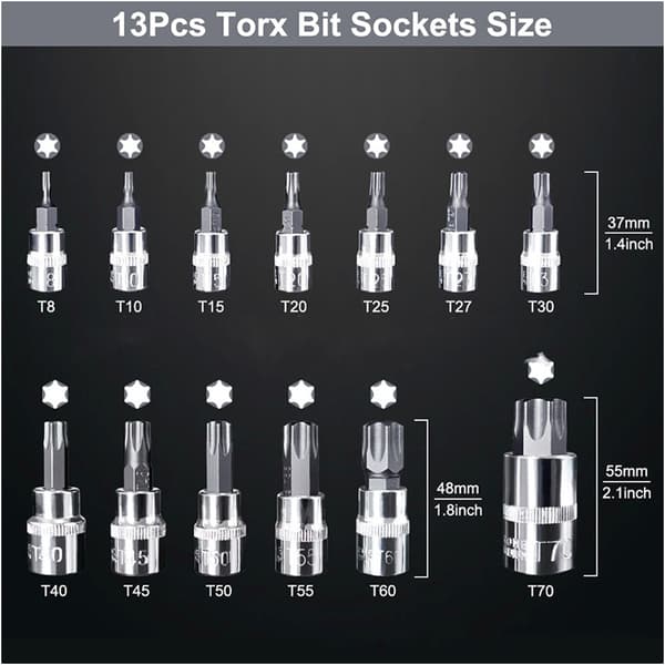 Torx-hylssats 1/2'', 1/4'', 3/8'', E4-E24 13 delar