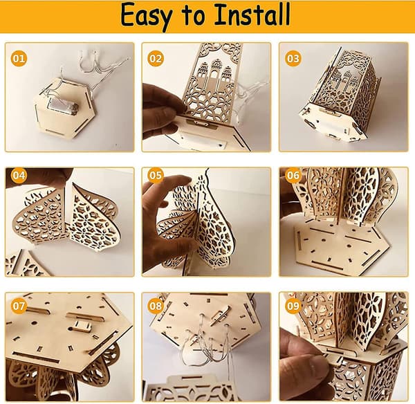 3 dele DIY Ramadan trælampepynt, Mubarak Ramadan LED-lampe til Ramadan-dekorationer