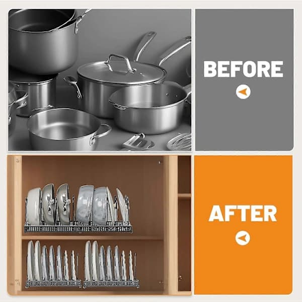 Under Cabinet Pots and Pans Organizer, Expandable Pan Organizer Inside Cabinet with 10 Adjustable Compartments