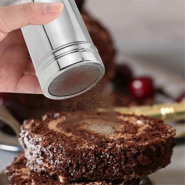 Pulverdrysse i rustfrit stål med låg, krydderflaske til kakaopulver, pulverdrysse, krydderi