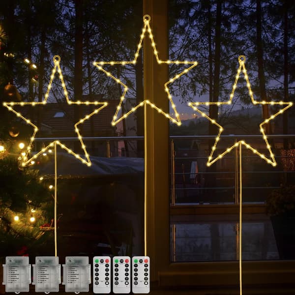 Julevinduslys, 3-pakning batteridrevne 66 LED stjerneformede vindushengende lys med 8 lysmoduser og fjernkontroll (varmhvit)