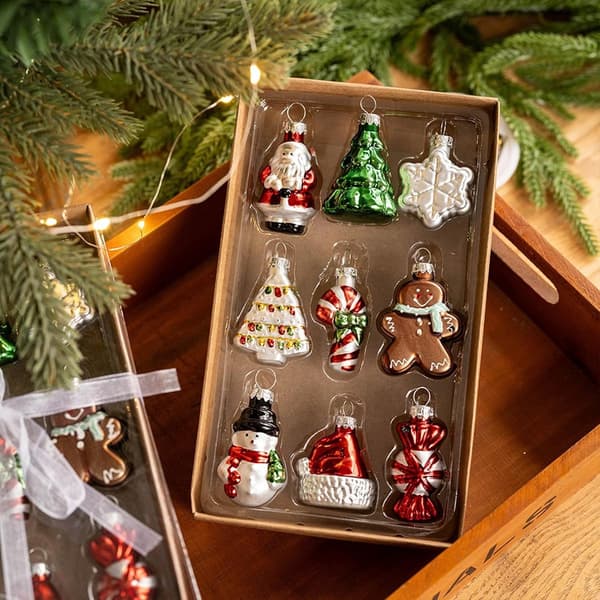 Juletræspynt, 9-pak, Glas, Lyse & Farverige Træpynt, Perfekt til Hjemmekontoret