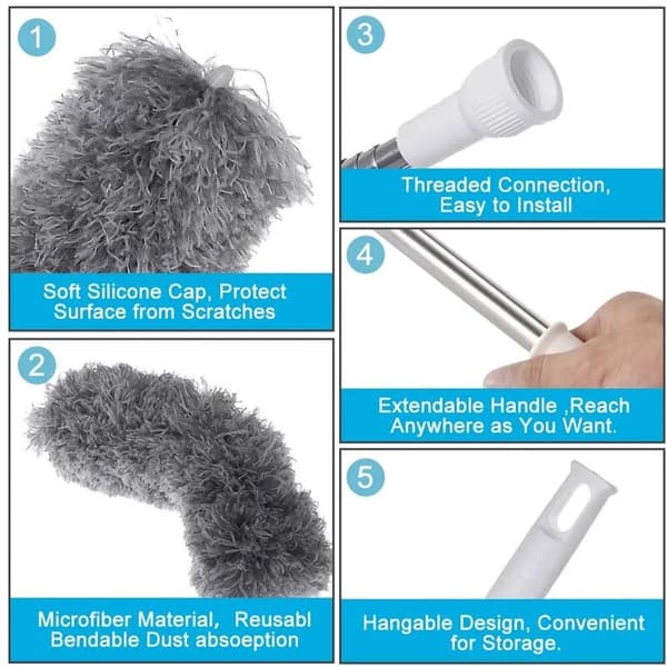 Feather Duster Telescopic with Extra Long Extendable Handle, 78-245cm Stainless Steel Washable Dust Mop with Bendable Head