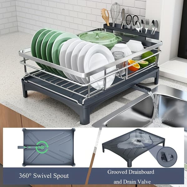 304 Stainless Steel Dish Rack 360° Rotating, Automatic Drainage Large Capacity Drying Rack with Cutlery Holder