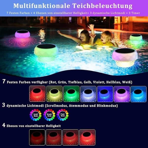 Solar Powered Pool Lighting Underwater and Above Ground Pool Lights with Remote Control, RGB+Cool White, IP68 Waterproof