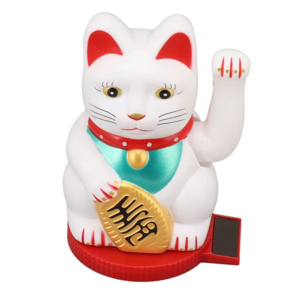Solar-Powered Lucky Cat Decoration, White, 5-inch, Waving Arm, Rotatable Base, Light Sensor