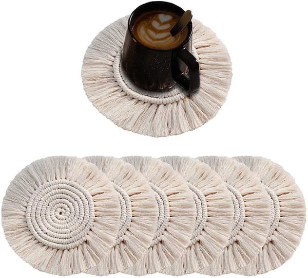 Absorberende Coasters, Varmebeskyttende Måtte Macrame Coasters Boho Boligindretning til Miljøvenlige Coasters, Sæt med 6