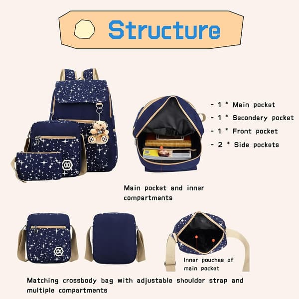 Elementary School Backpack 3-piece Set with Lightweight and Cute Star Girls School Bag, Kids Backpack Pink