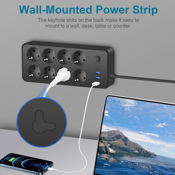 INF Black EU Standard USB-C Socket with 8 Outlets and 3 USB Ports