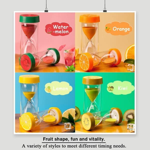 4 färger frukt stil timglas sand timer klocka 5 minuter / 10 minuter /