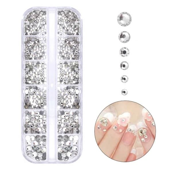 2000 Strass Nageldekorationer Kristall - Olika Storlekar i Askgrått