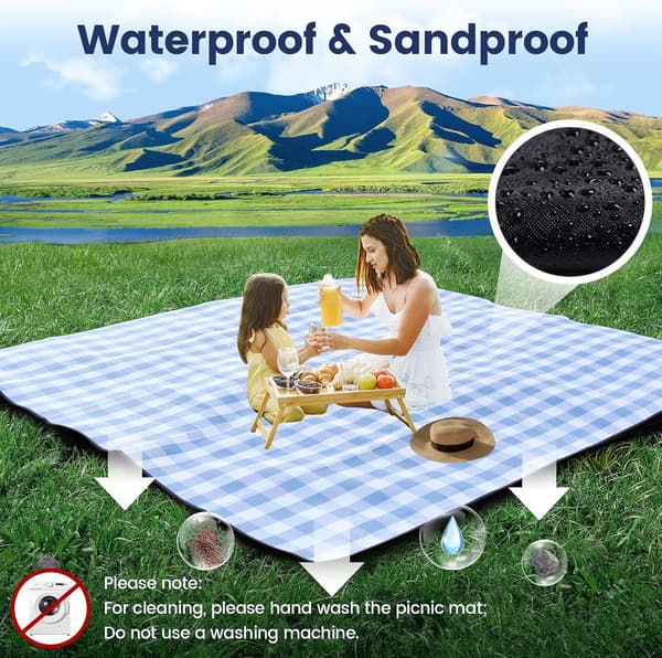 Ekstra stort piknikteppe 80x80 tommer vanntett sammenleggbart 3-lags strandteppe for 6-8 voksne White Blue Grids White Blue Grids