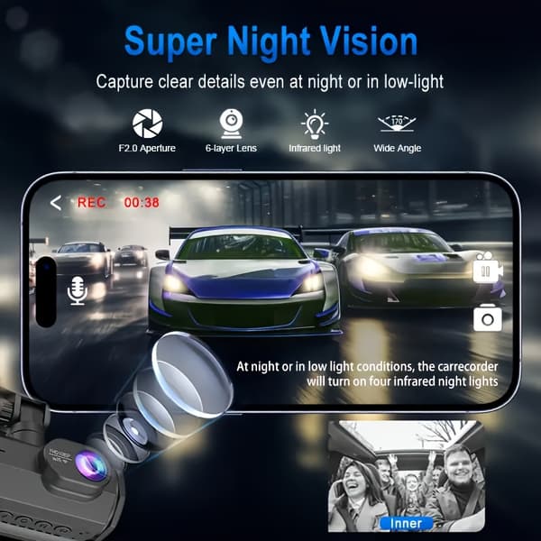 1080P WIFI Car Driving Recorder, With Built-in App For Front And Rear Interior