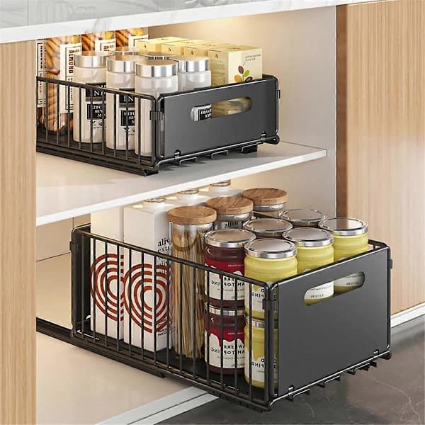 Extendable Kitchen Storage Shelf with Sliding Iron Wire Drawer, Organizer for Spice Bottles, Snacks, Cabinets, Countertop, Black