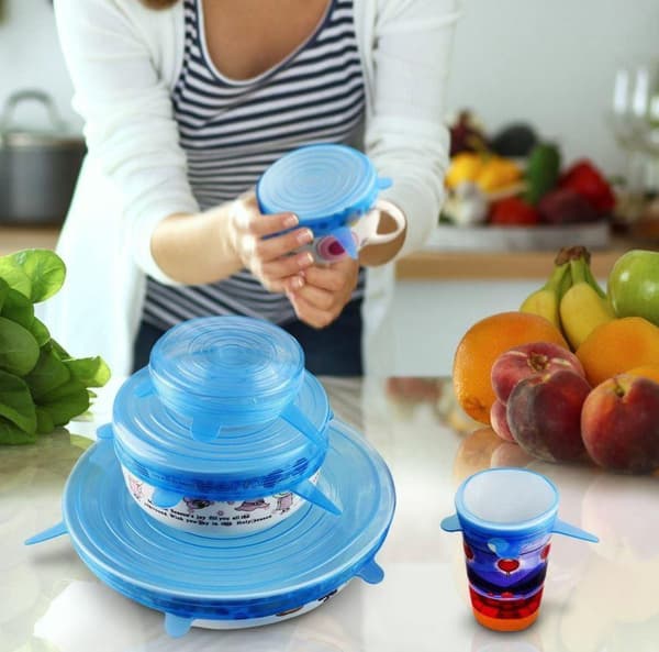 ZaCia Reusable Silicone Lids - 6 Sizes, Stretchy Vacuum Sealing Lids, Flexible Spoon Holder