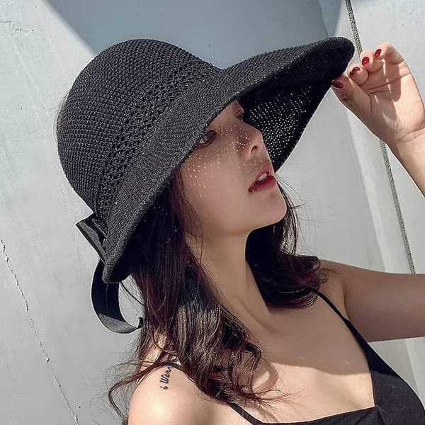 Solbeskyttende stråhat til kvinder, bredskygget strandhat, solskærm, bucket hat, boonie solhat