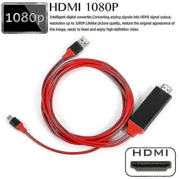(Rød) 2M Lightning til HDMI-kabel HDTV-adapter for iPhone 11 Pro X Xr Xs 8 7 Plus