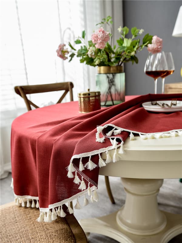 Simple Round Cotton Linen Tablecloth with Fringes, 160 cm