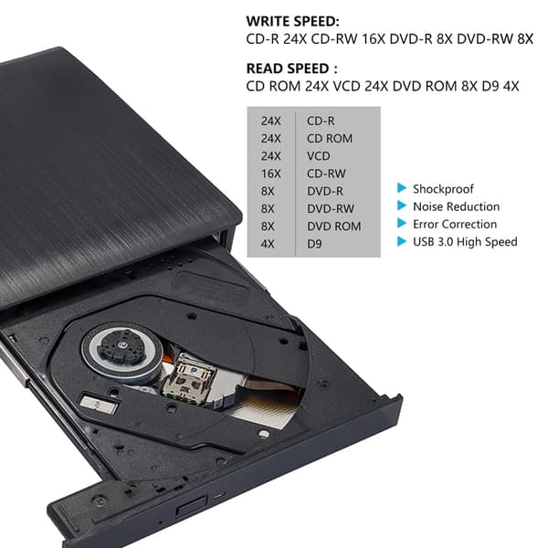 Bærbar Ekstern CD-stasjon USB 3.0, Høyhastighets DVD/CD ROM-brenner, Plug and Play