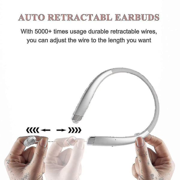 Uppgraderade trådlösa nackbands hörlurar med infällbara öronsnäckor, brusreducerande stereo (Silver)